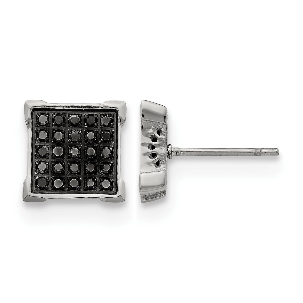 Stainless Steel Polished Square Black Diamond Cluster Button Earrings