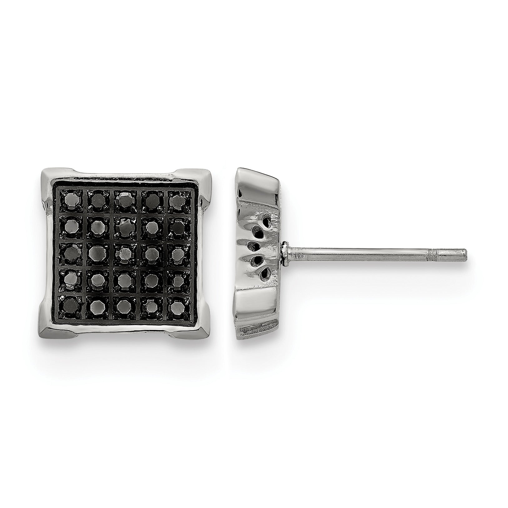 Stainless Steel Polished Square Black Diamond Cluster Button Earrings