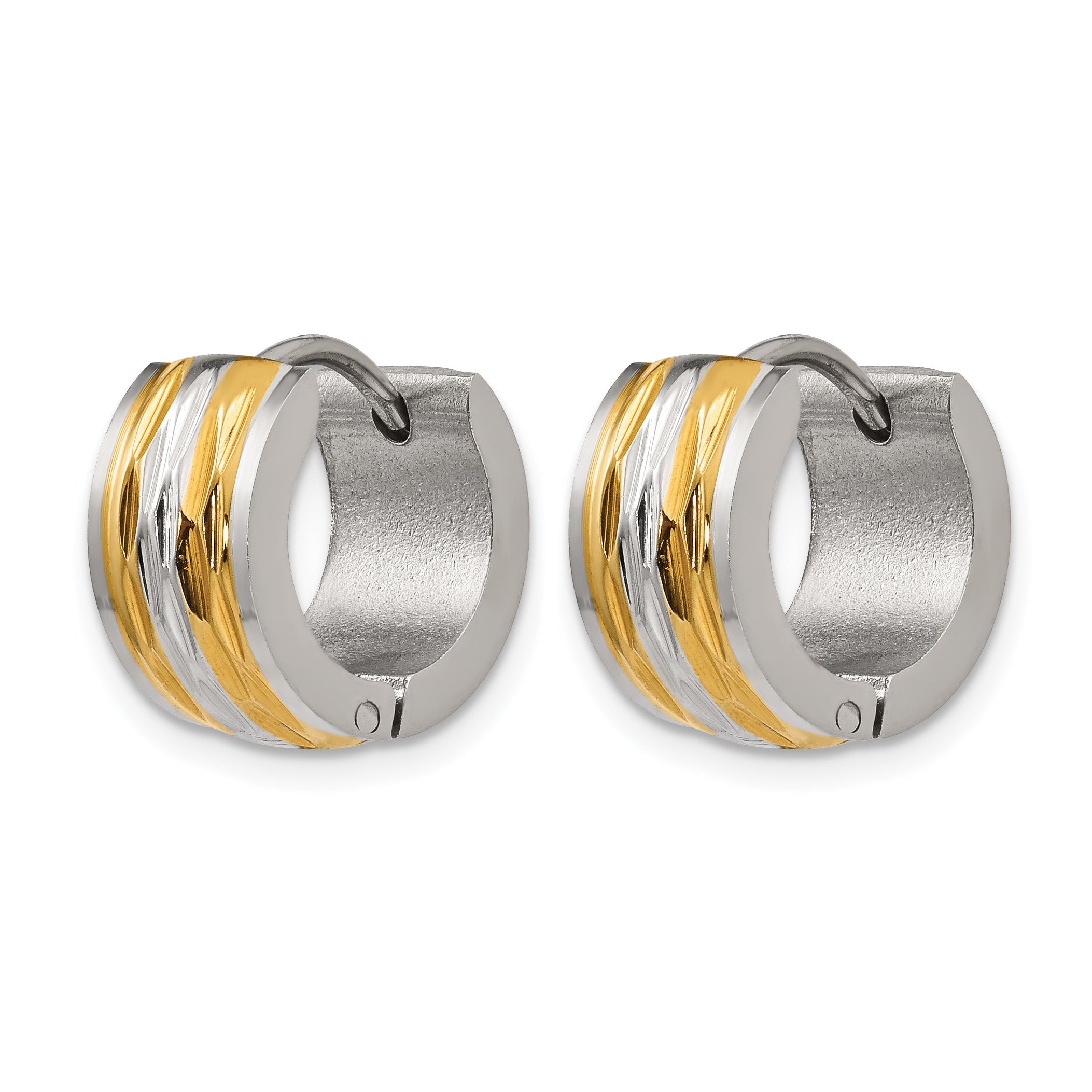 Stainless Steel Gold-Tone Polished Textured Hinged Huggie Hoop Earrings
