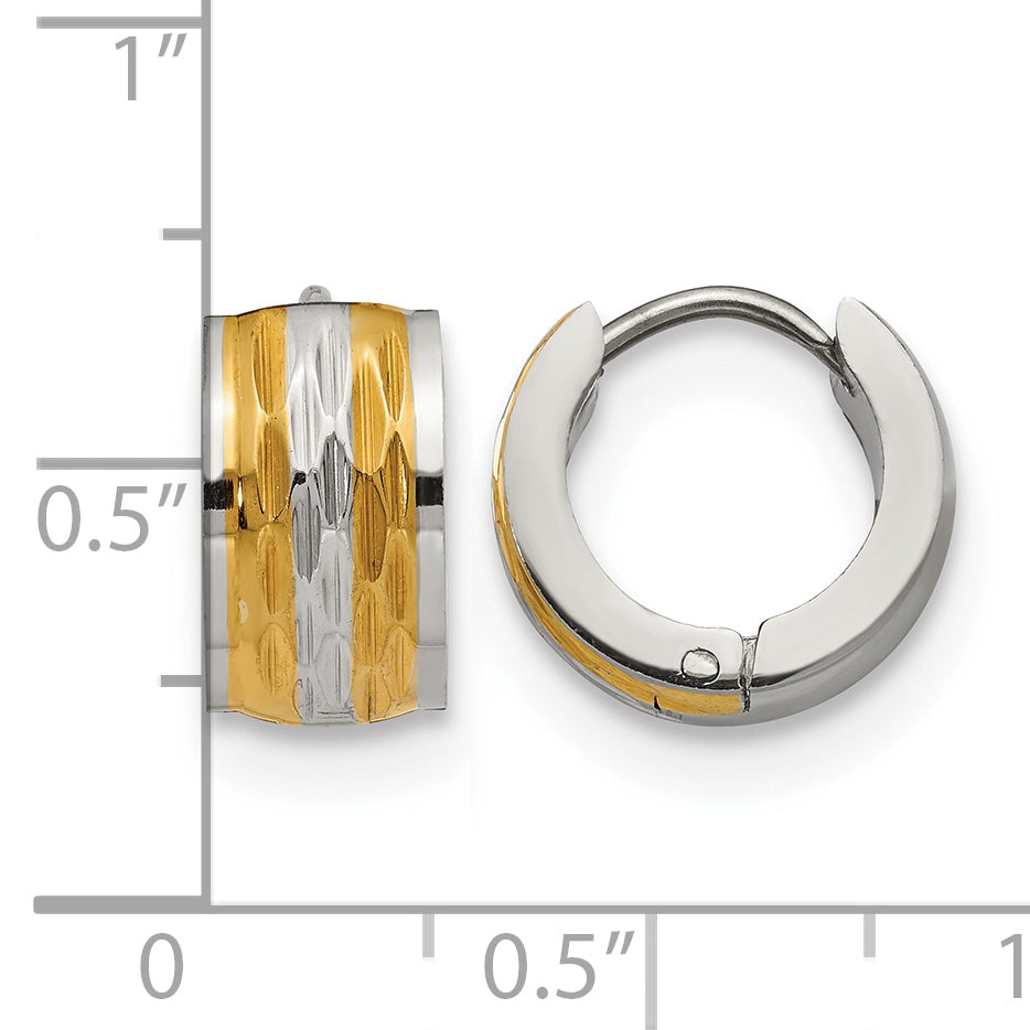 Stainless Steel Gold-Tone Polished Textured Hinged Huggie Hoop Earrings