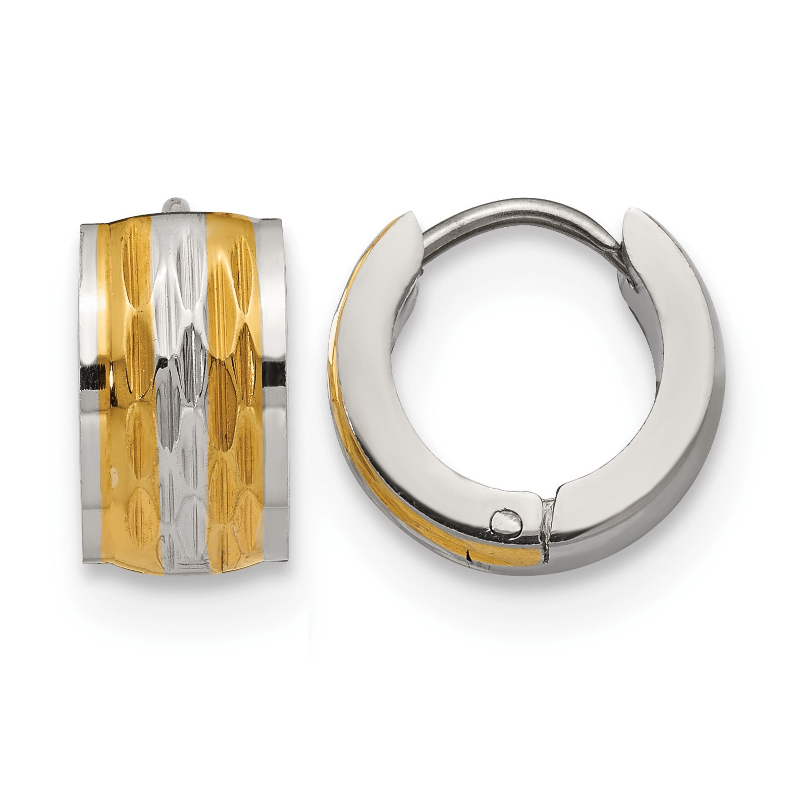 Stainless Steel Gold-Tone Polished Textured Hinged Huggie Hoop Earrings