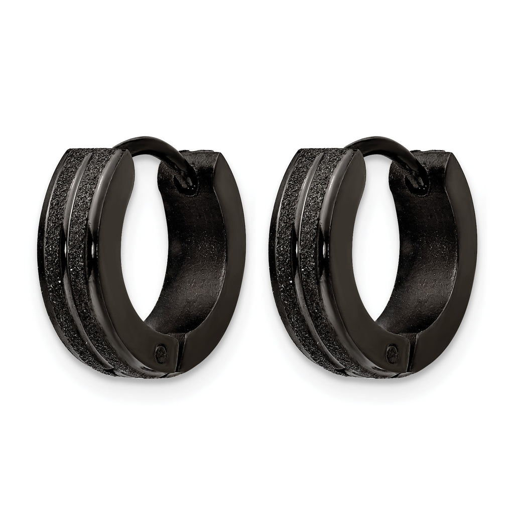 Stainless Steel Black Polished & Laser Design Hinged Huggie Hoop Earrings