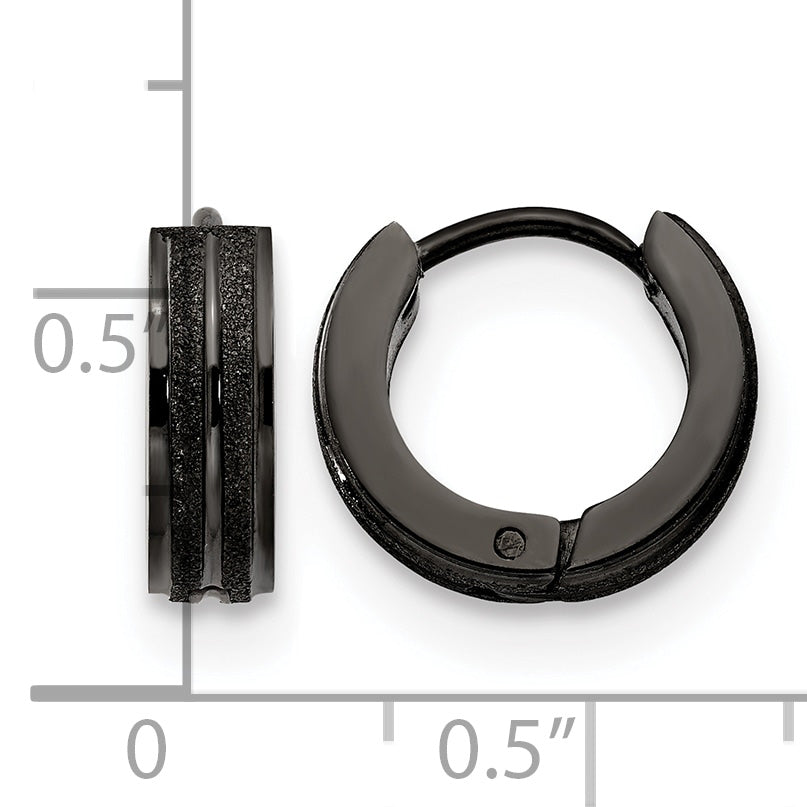 Stainless Steel Black Polished & Laser Design Hinged Huggie Hoop Earrings