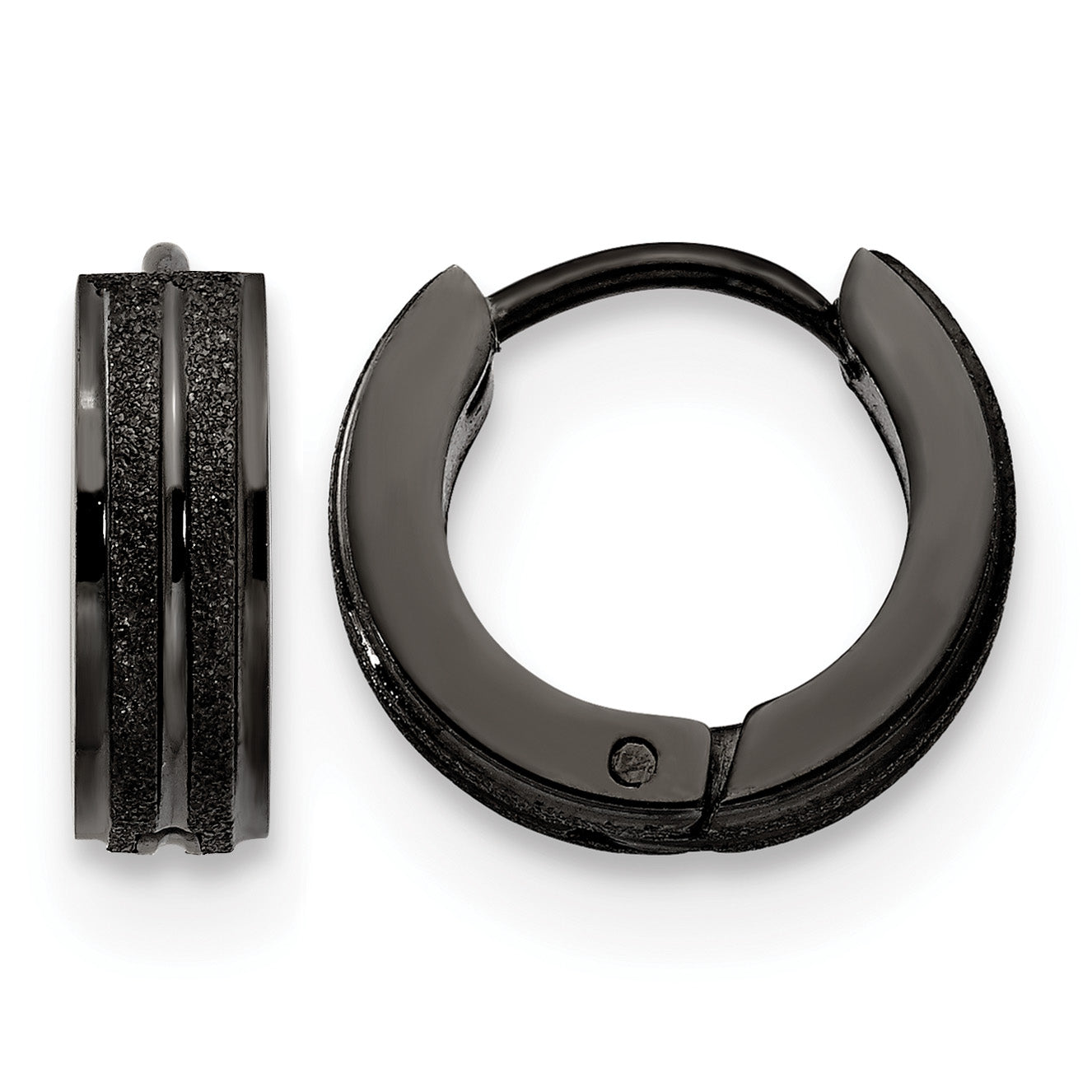 Stainless Steel Black Polished & Laser Design Hinged Huggie Hoop Earrings Main image