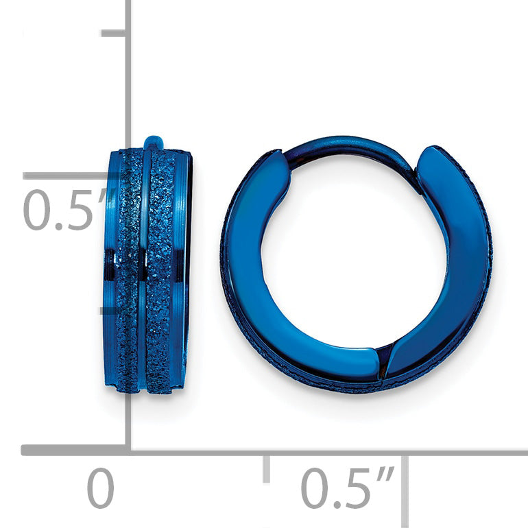 Stainless Steel Blue Polished & Laser Design Hinged Huggie Hoop Earrings