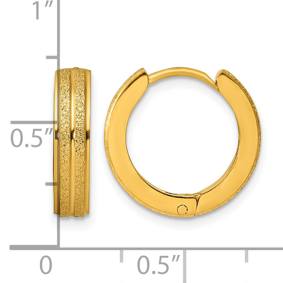 Stainless Steel Gold-Tone Polished & Laser Design Hinged Huggie Hoop Earrings