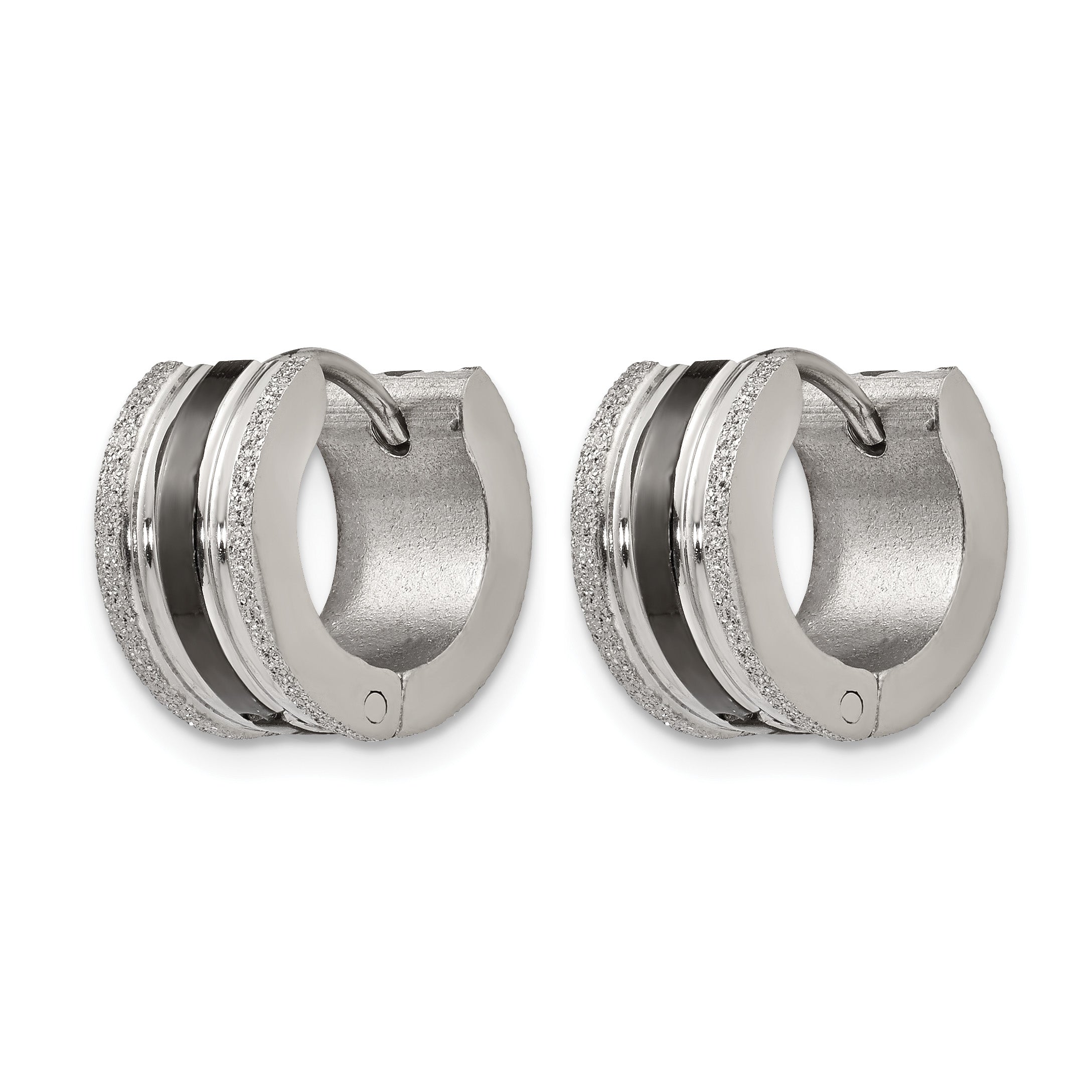 Stainless Steel Black Polished & Laser Design Huggie Hoop Earrings Secondary image