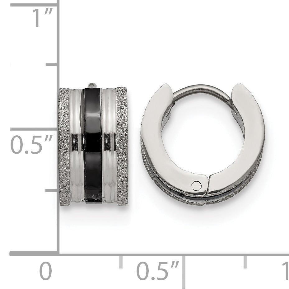 Stainless Steel Black Polished & Laser Design Huggie Hoop Earrings