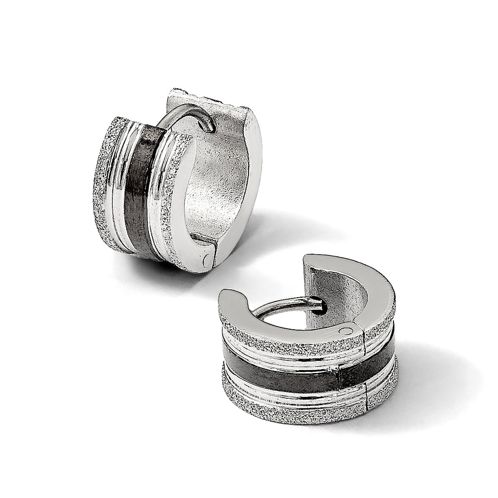 Stainless Steel Black Polished & Laser Design Huggie Hoop Earrings
