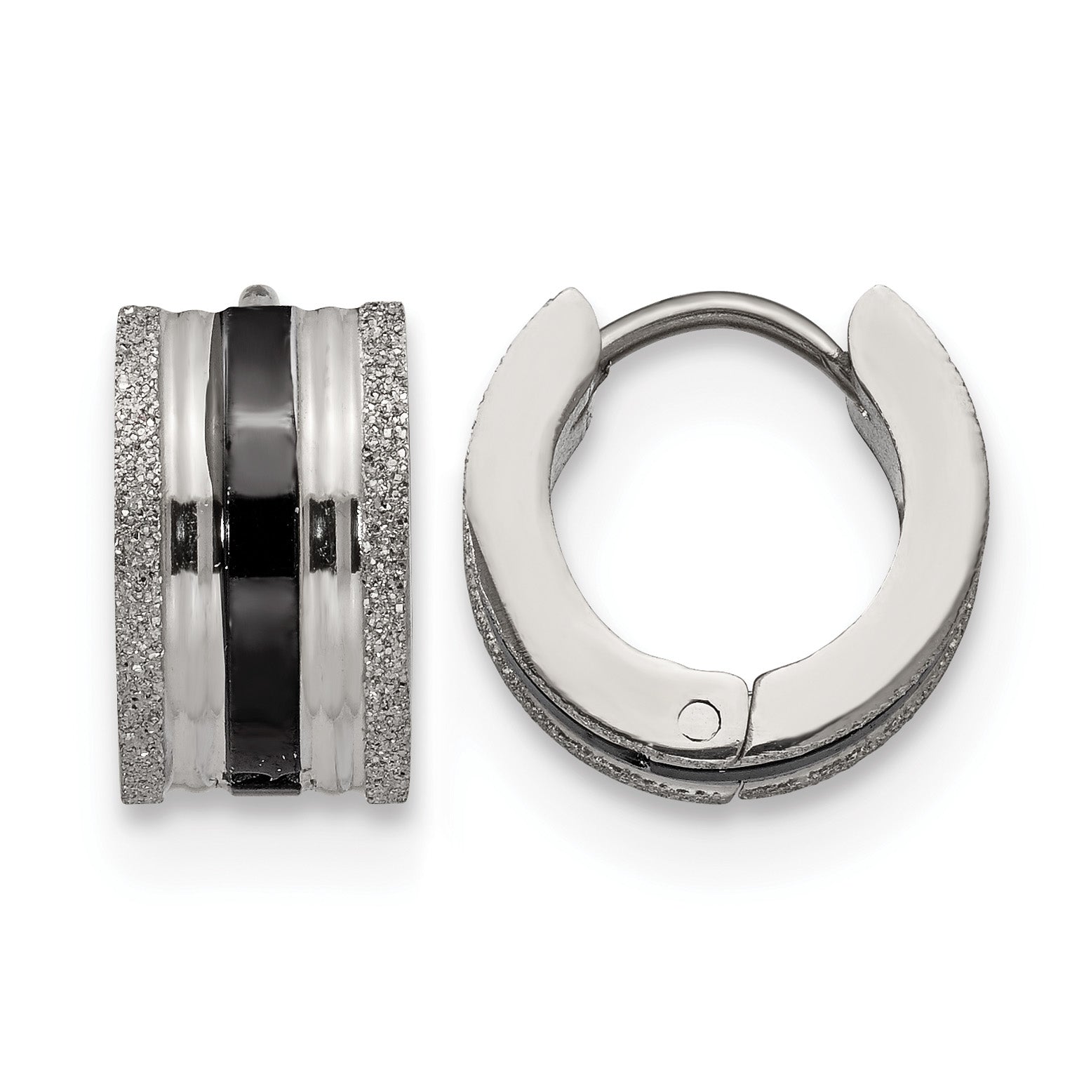 Stainless Steel Black Polished & Laser Design Huggie Hoop Earrings
