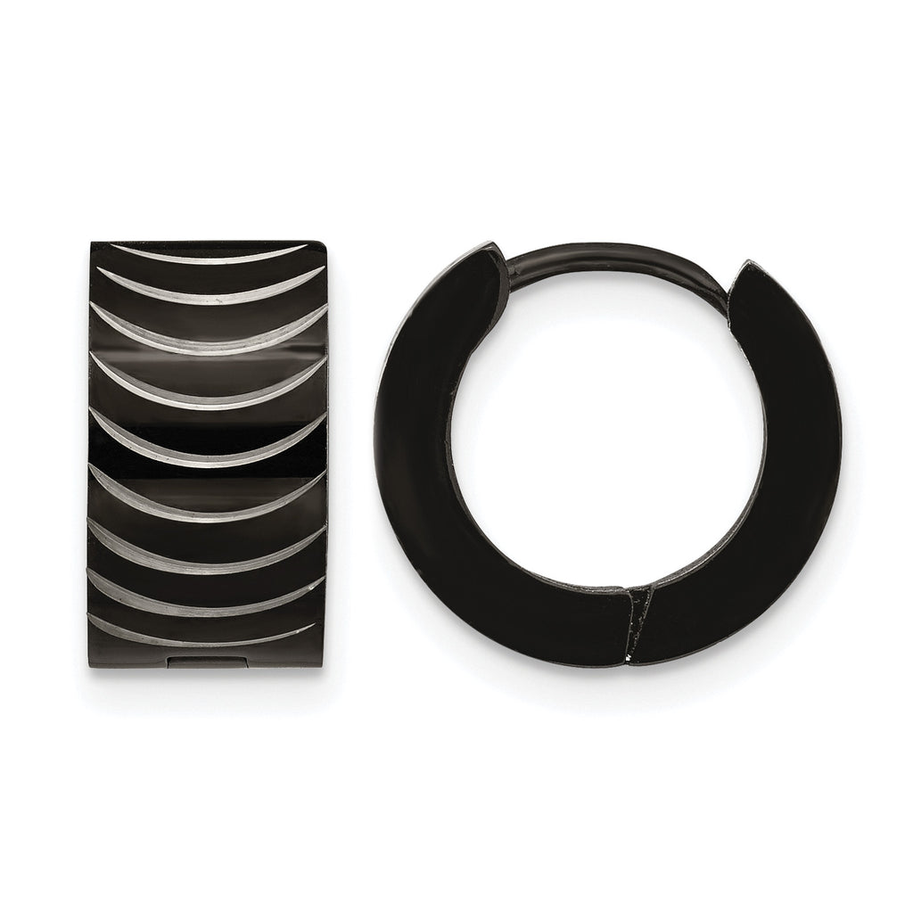 Stainless Steel Black Polished Hinged Huggie Hoop Earrings