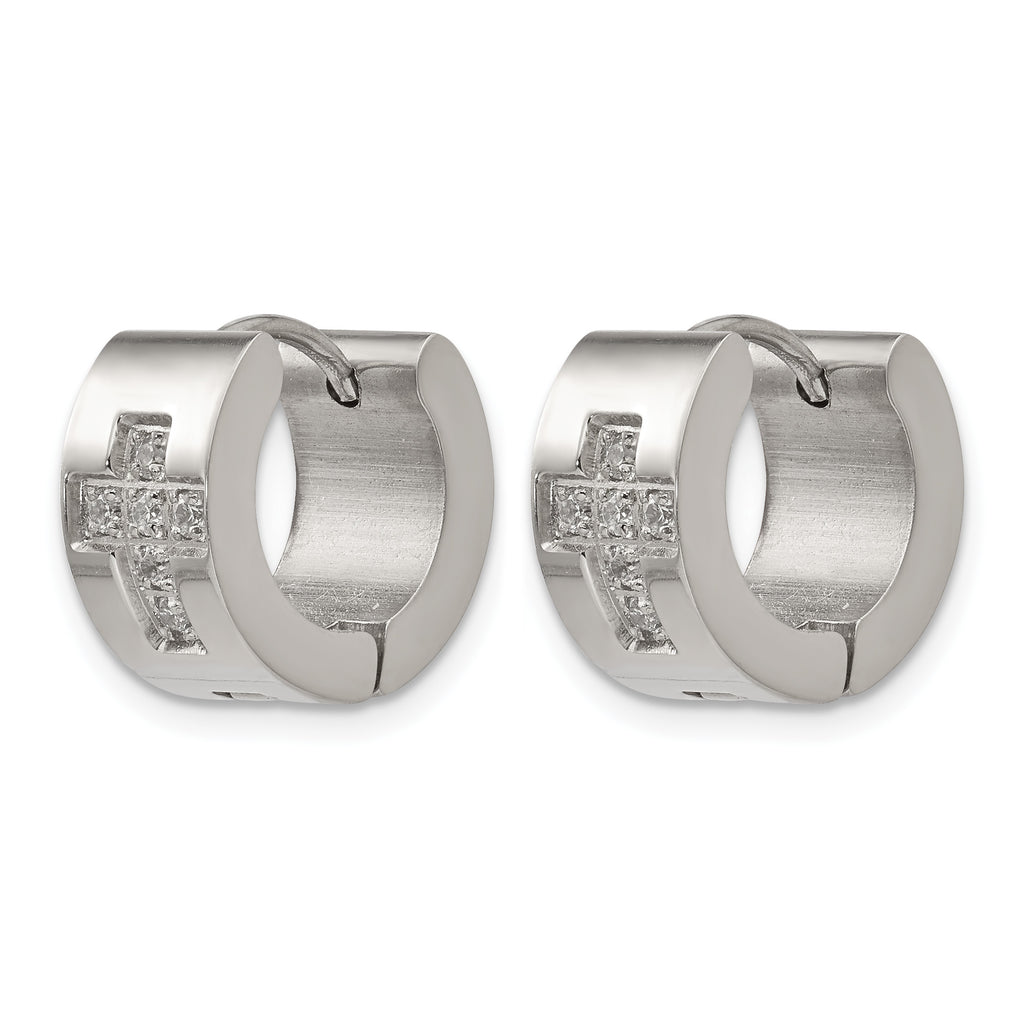 Stainless Steel Polished Hinged Cross Cubic Zirconia Huggie Hoop Earrings