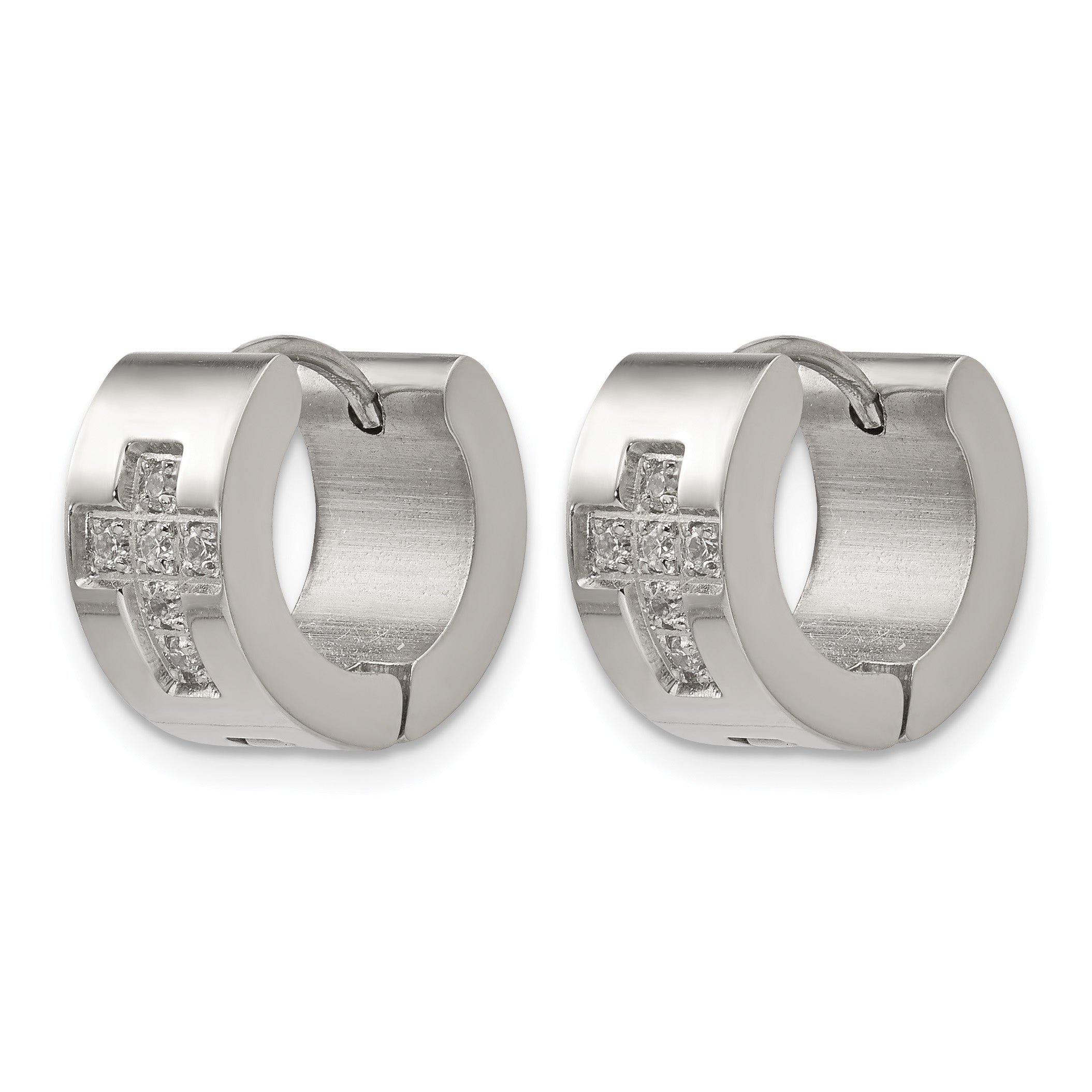 Stainless Steel Polished Hinged Cross Cubic Zirconia Huggie Hoop Earrings