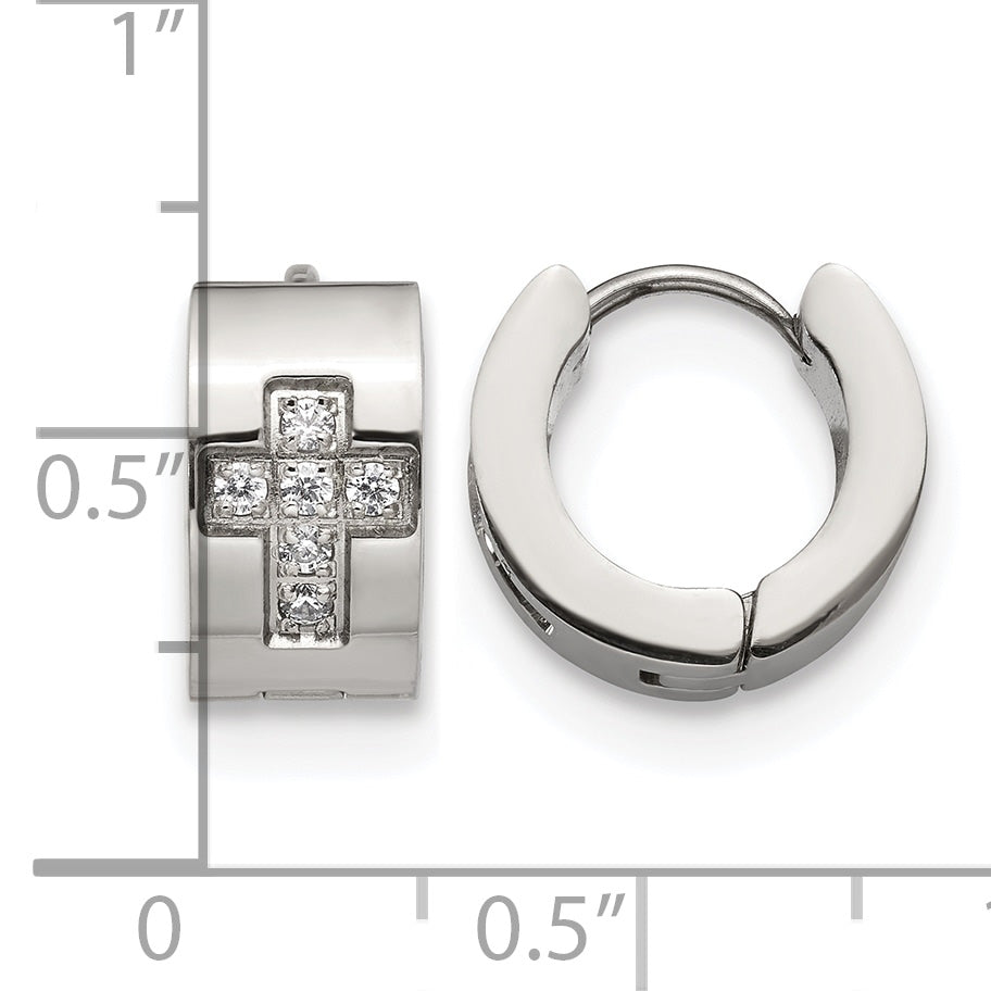Stainless Steel Polished Hinged Cross Cubic Zirconia Huggie Hoop Earrings
