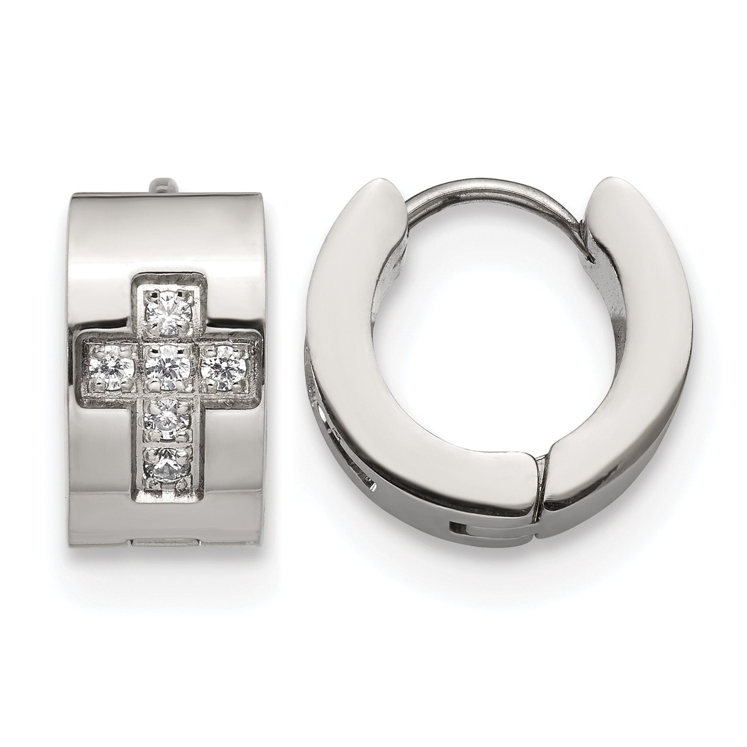 Stainless Steel Polished Hinged Cross Cubic Zirconia Huggie Hoop Earrings Main image