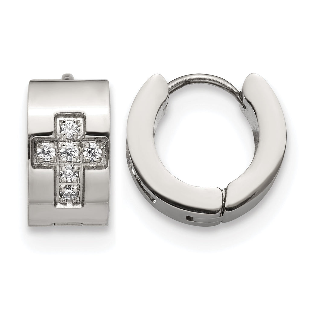 Stainless Steel Polished Hinged Cross Cubic Zirconia Huggie Hoop Earrings