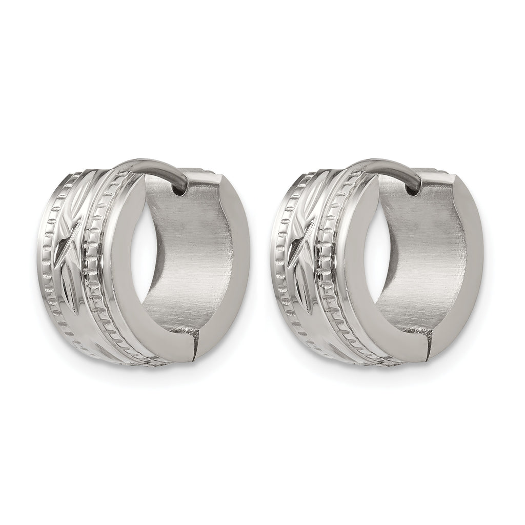Stainless Steel Polished Textured Hinged Huggie Hoop Earrings
