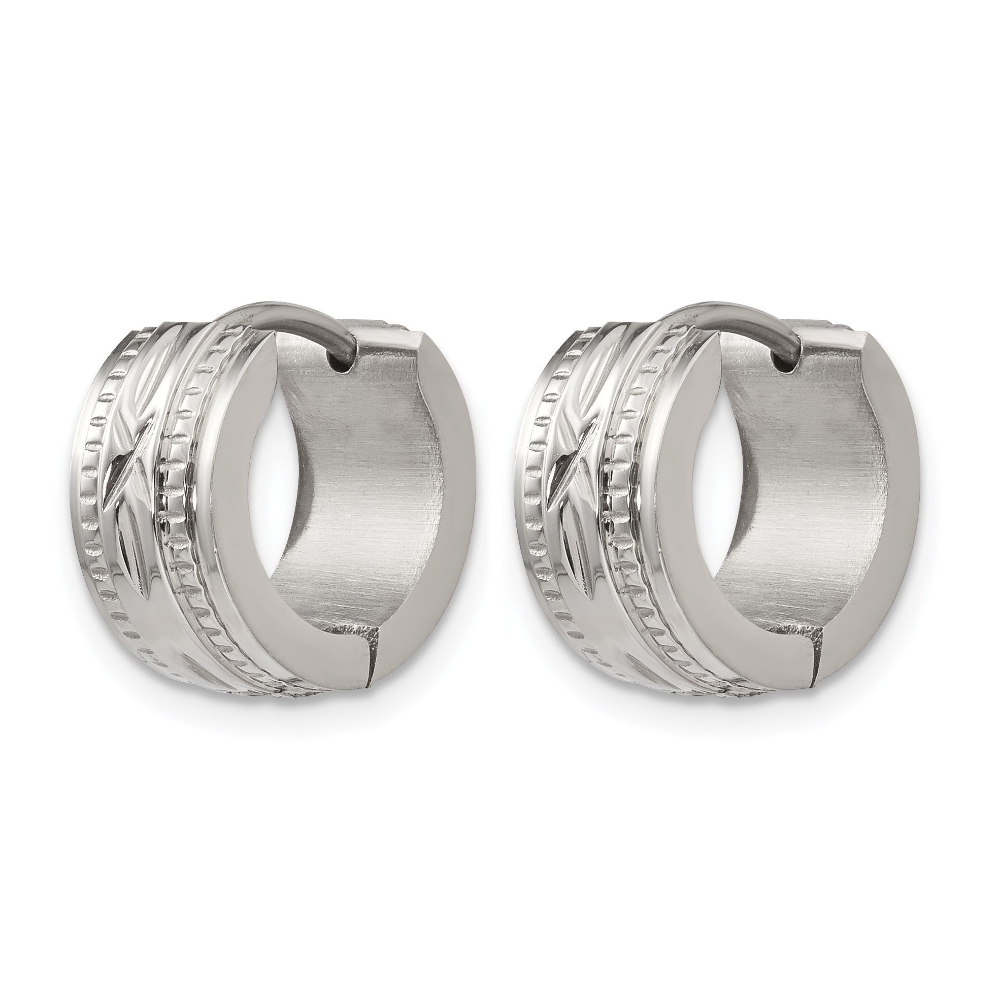 Stainless Steel Polished Textured Hinged Huggie Hoop Earrings