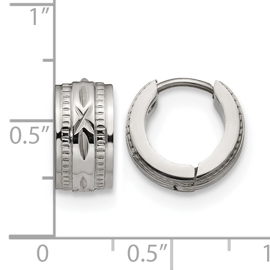 Stainless Steel Polished Textured Hinged Huggie Hoop Earrings
