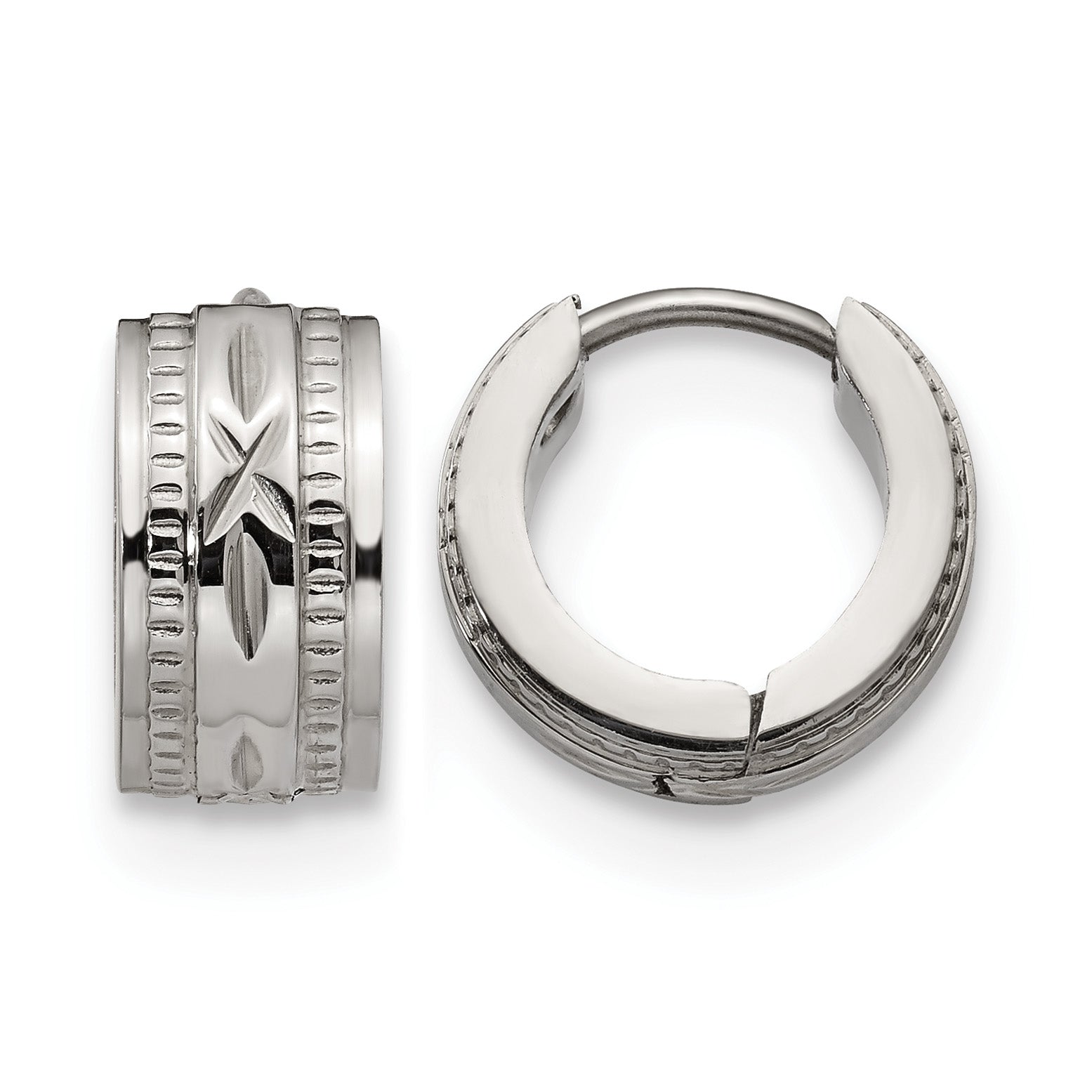 Stainless Steel Polished Textured Hinged Huggie Hoop Earrings