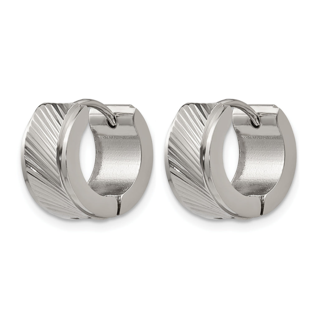 Stainless Steel Polished Textured Hinged Huggie Hoop Earrings