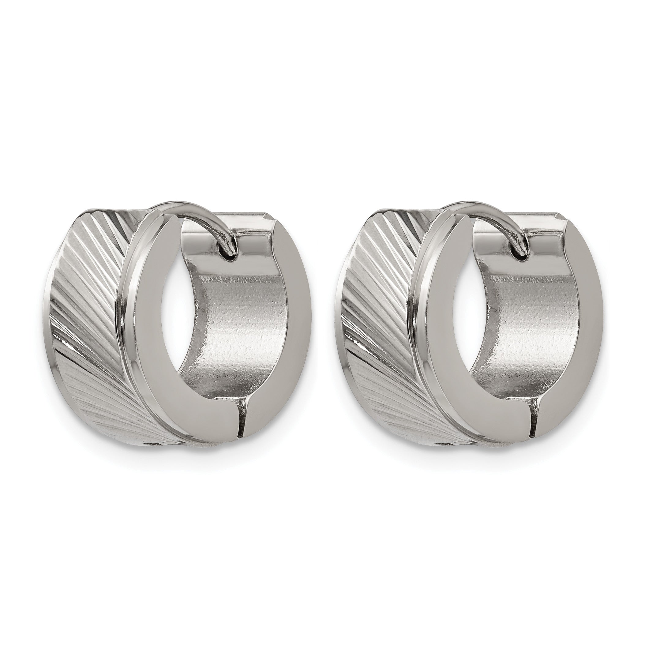 Stainless Steel Polished Textured Hinged Huggie Hoop Earrings