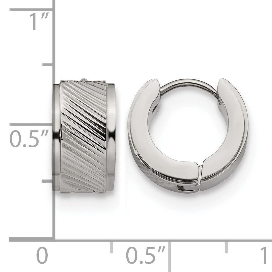 Stainless Steel Polished Textured Hinged Huggie Hoop Earrings