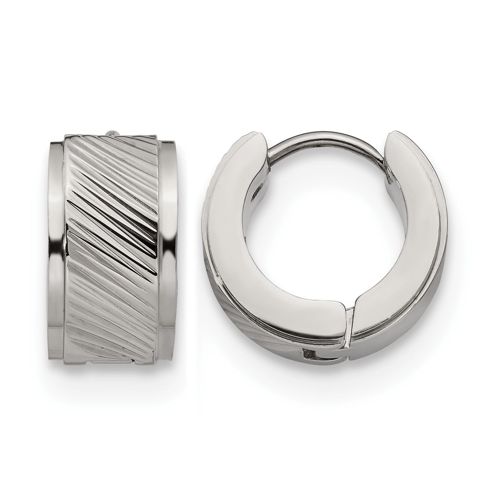 Stainless Steel Polished Textured Hinged Huggie Hoop Earrings Main image