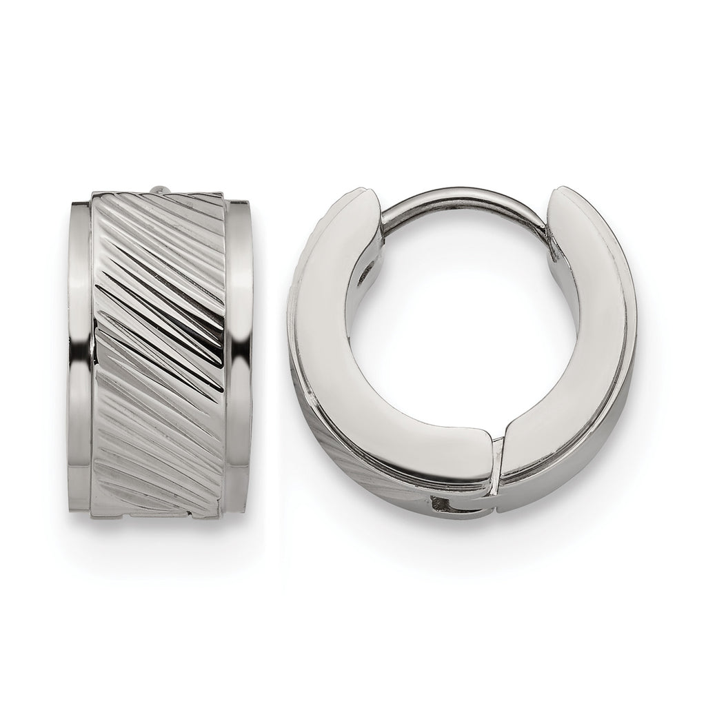 Stainless Steel Polished Textured Hinged Huggie Hoop Earrings