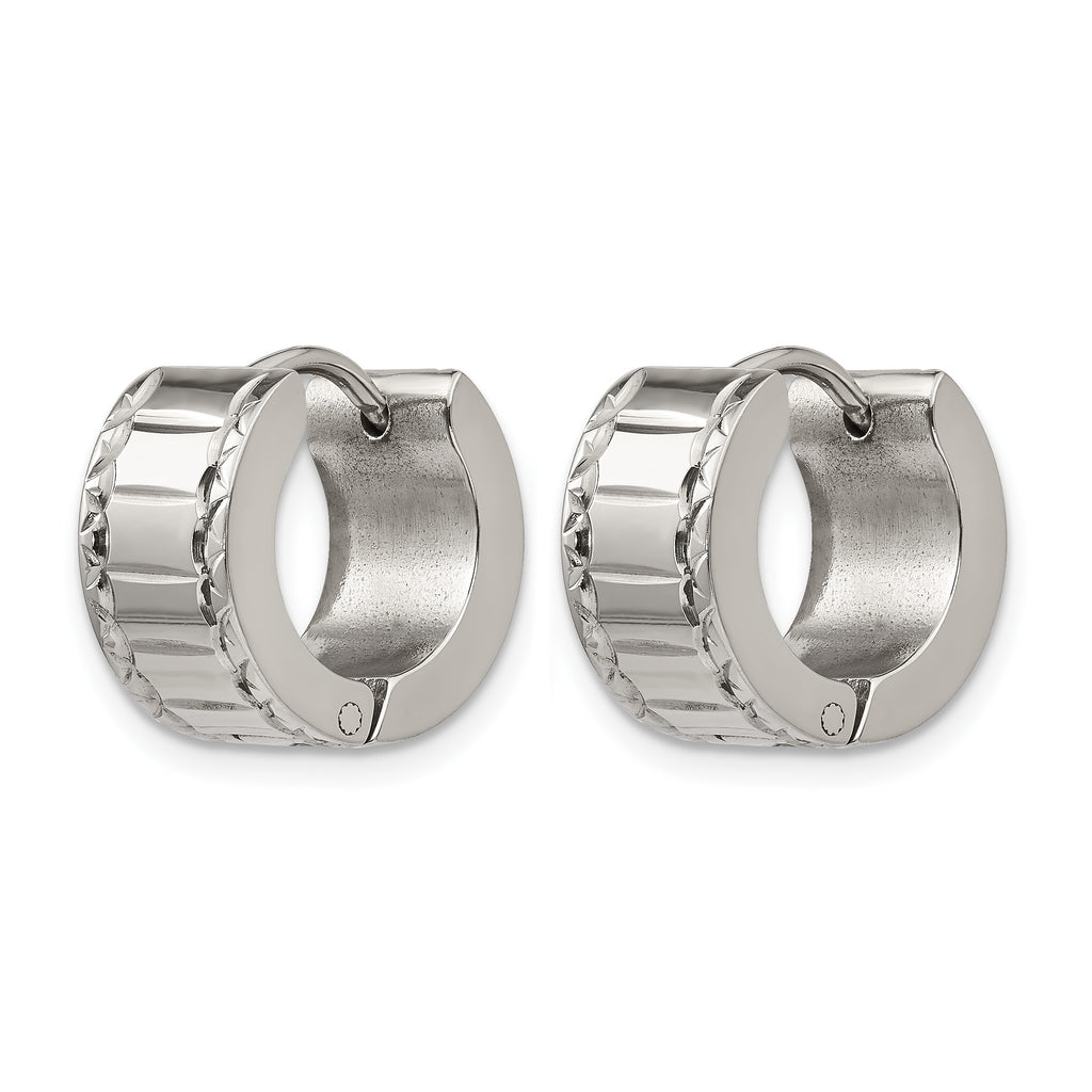 Stainless Steel Polished Textured Hinged Huggie Hoop Earrings