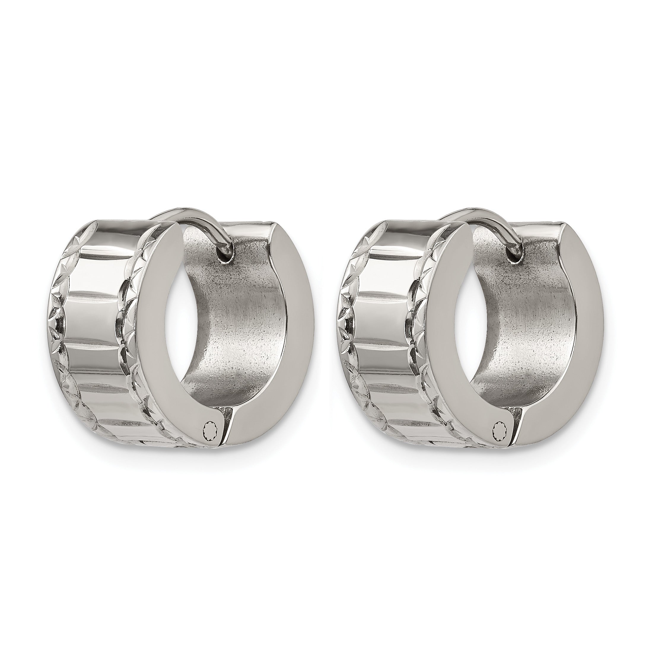 Stainless Steel Polished Textured Hinged Huggie Hoop Earrings