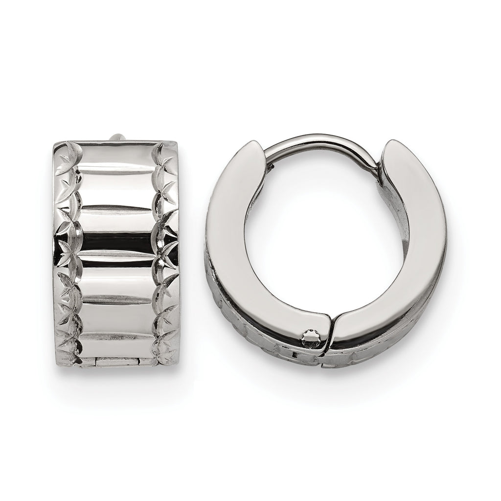 Stainless Steel Polished Textured Hinged Huggie Hoop Earrings