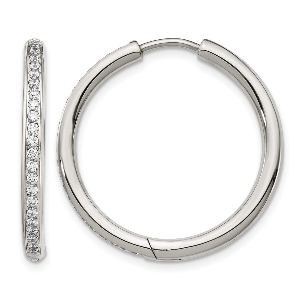 Stainless Steel Polished Hinged Cubic Zirconia Huggie Hoop Earrings for Women