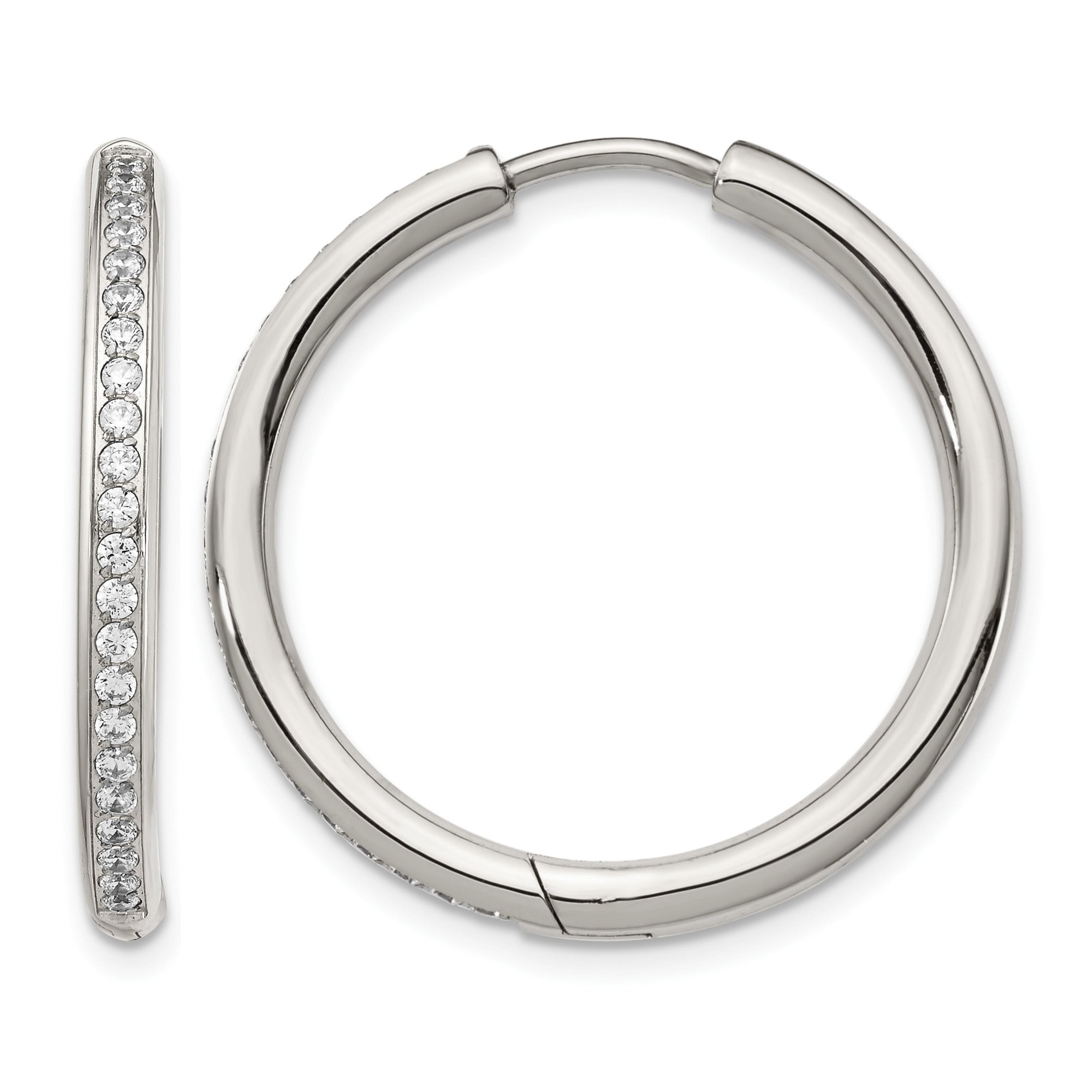 Stainless Steel Polished Hinged Cubic Zirconia Huggie Hoop Earrings for Women