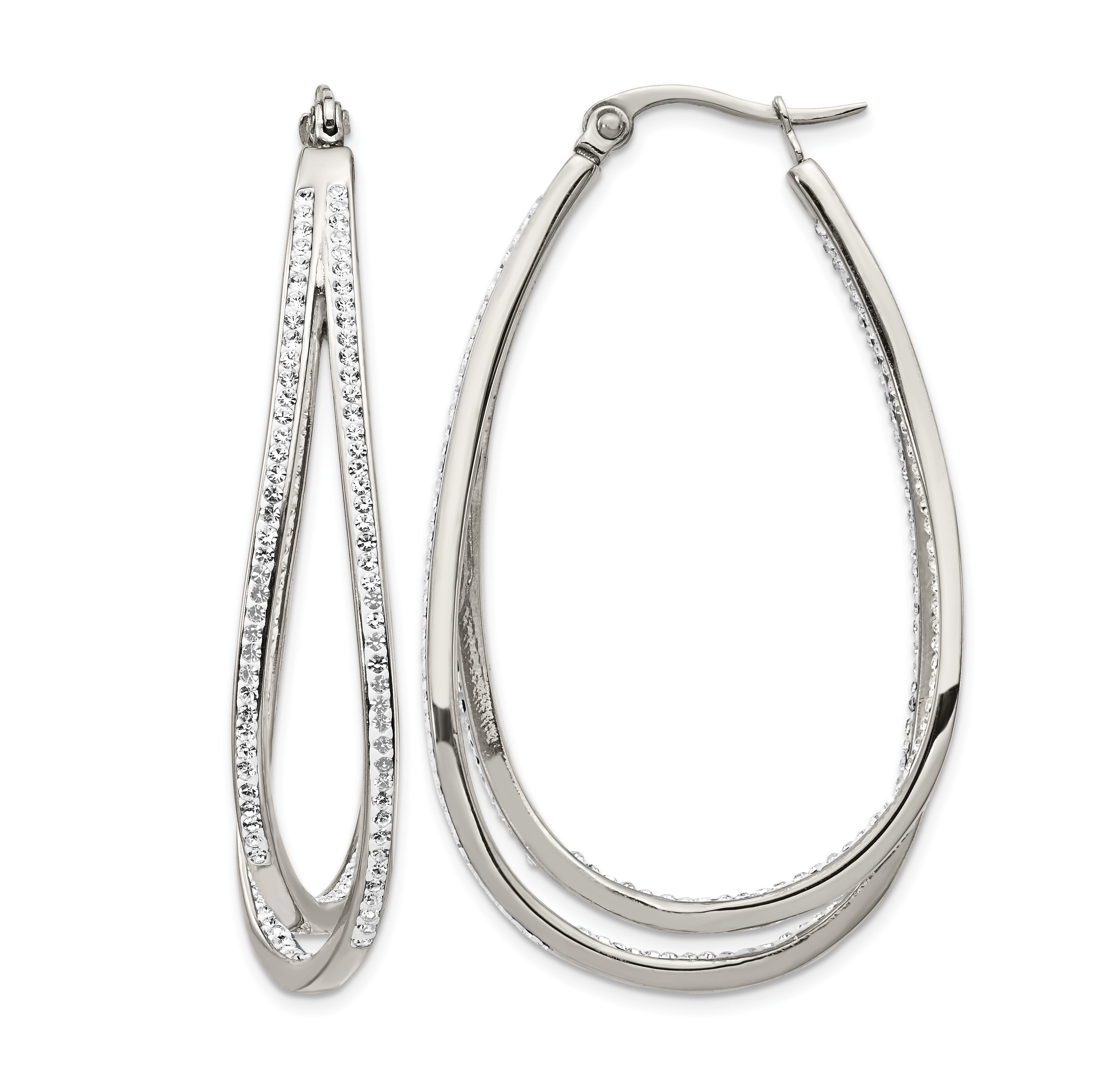 Stainless Steel Polished Twisted Crystal In & Out Hoop Earrings for Women