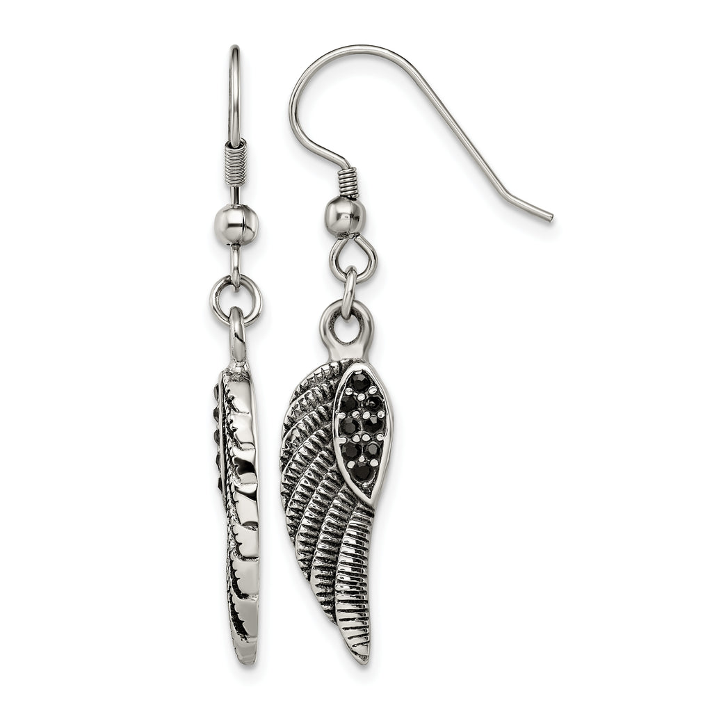 Stainless Steel Polished & Antiqued Black Lab-Created Crystal Drop Dangle Earrings for Women