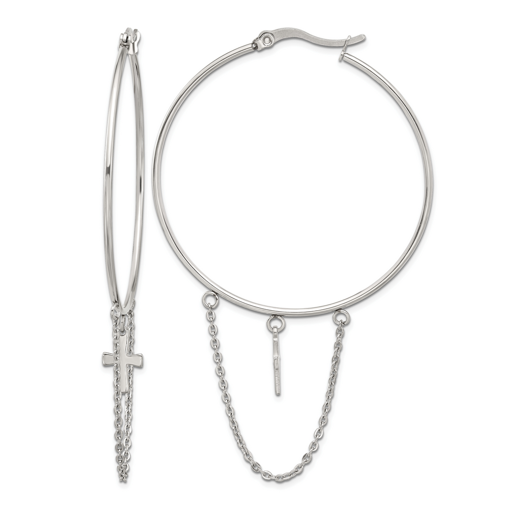 Stainless Steel Polished Cross Hoop Earrings for Women