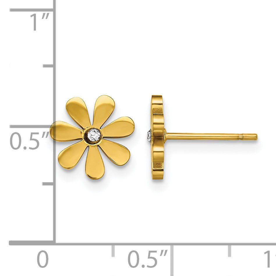 Stainless Steel Gold-Tone Polished Flower Lab-Created Crystal Button Earrings for Women