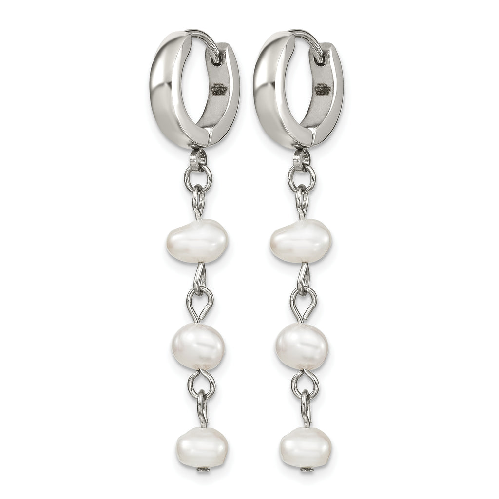 Stainless Steel Polished Pear Hinged Pearl Huggie Hoop Earrings for Women