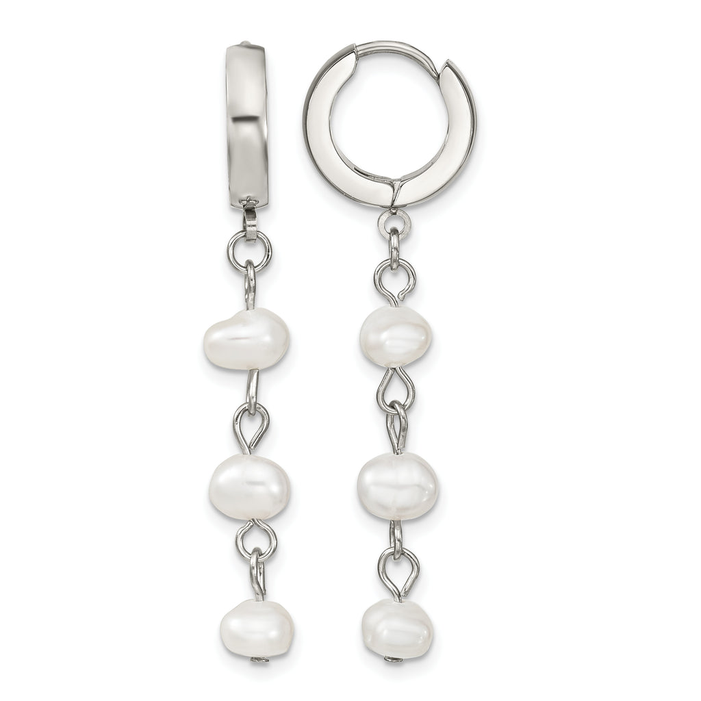 Stainless Steel Polished Pear Hinged Pearl Huggie Hoop Earrings for Women