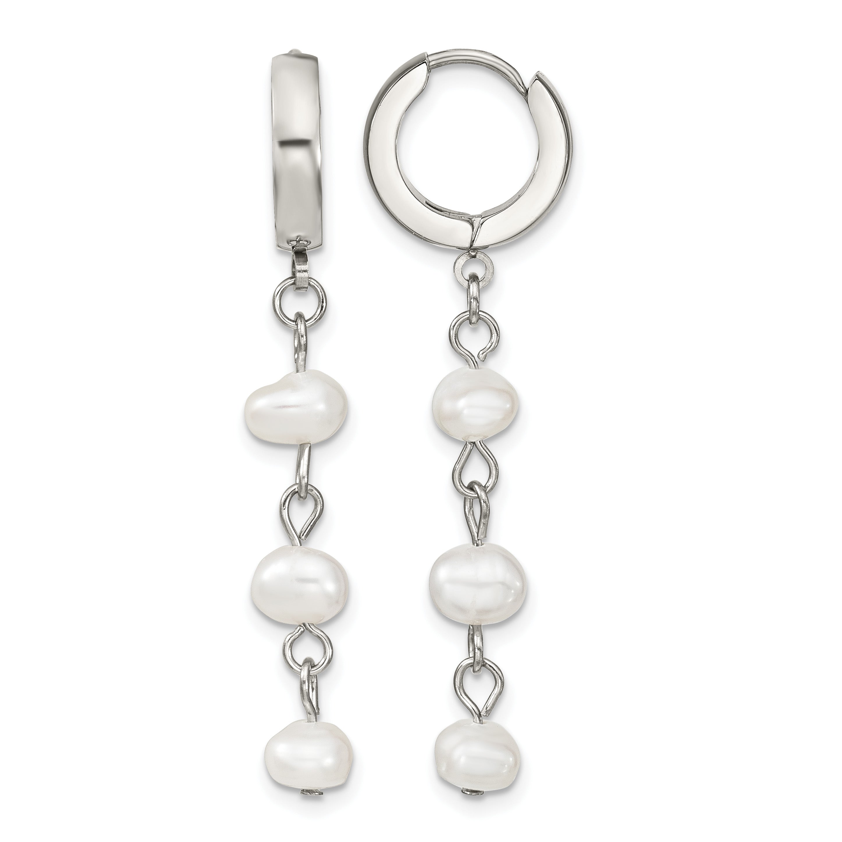Stainless Steel Polished Pear Hinged Pearl Huggie Hoop Earrings for Women