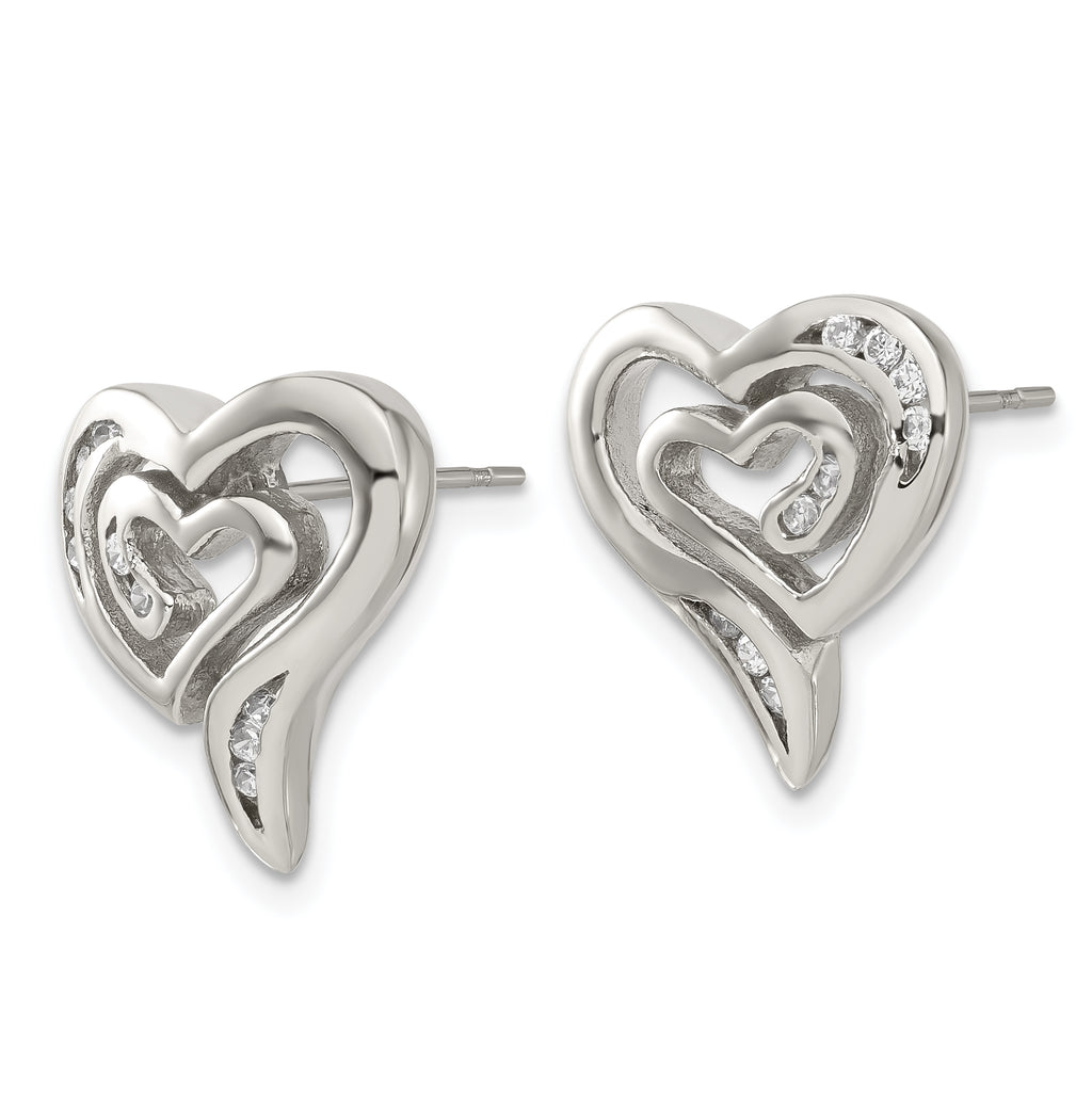 Stainless Steel Polished Heart Cubic Zirconia Button Earrings for Women