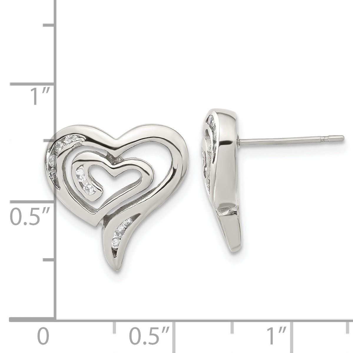 Stainless Steel Polished Heart Cubic Zirconia Button Earrings for Women