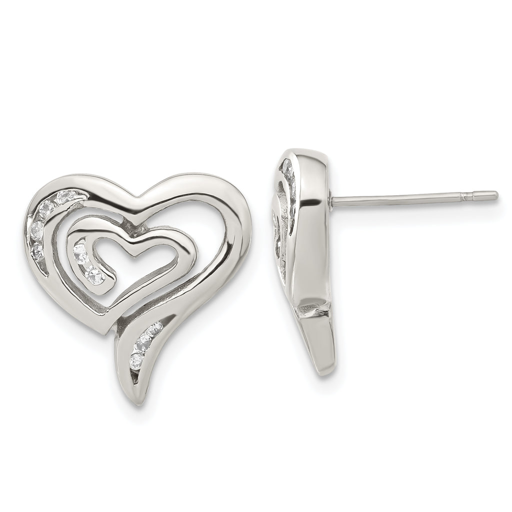 Stainless Steel Polished Heart Cubic Zirconia Button Earrings for Women