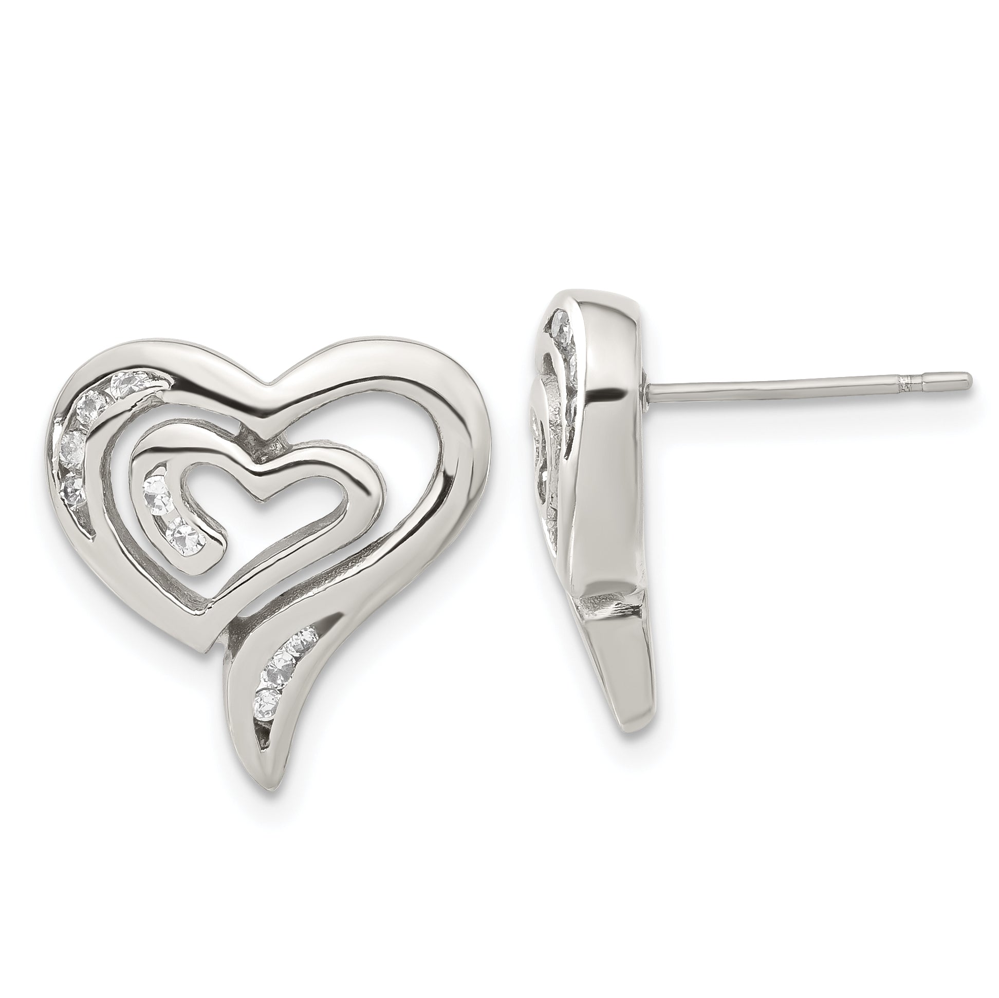 Stainless Steel Polished Heart Cubic Zirconia Button Earrings for Women