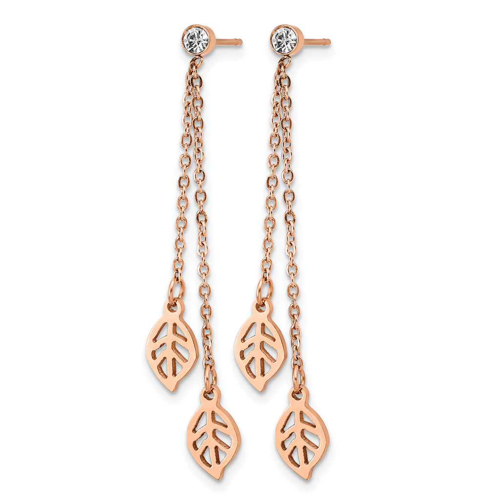 Stainless Steel Rose Gold-Tone Polished Leaf Cubic Zirconia Drop Dangle Earrings for Women