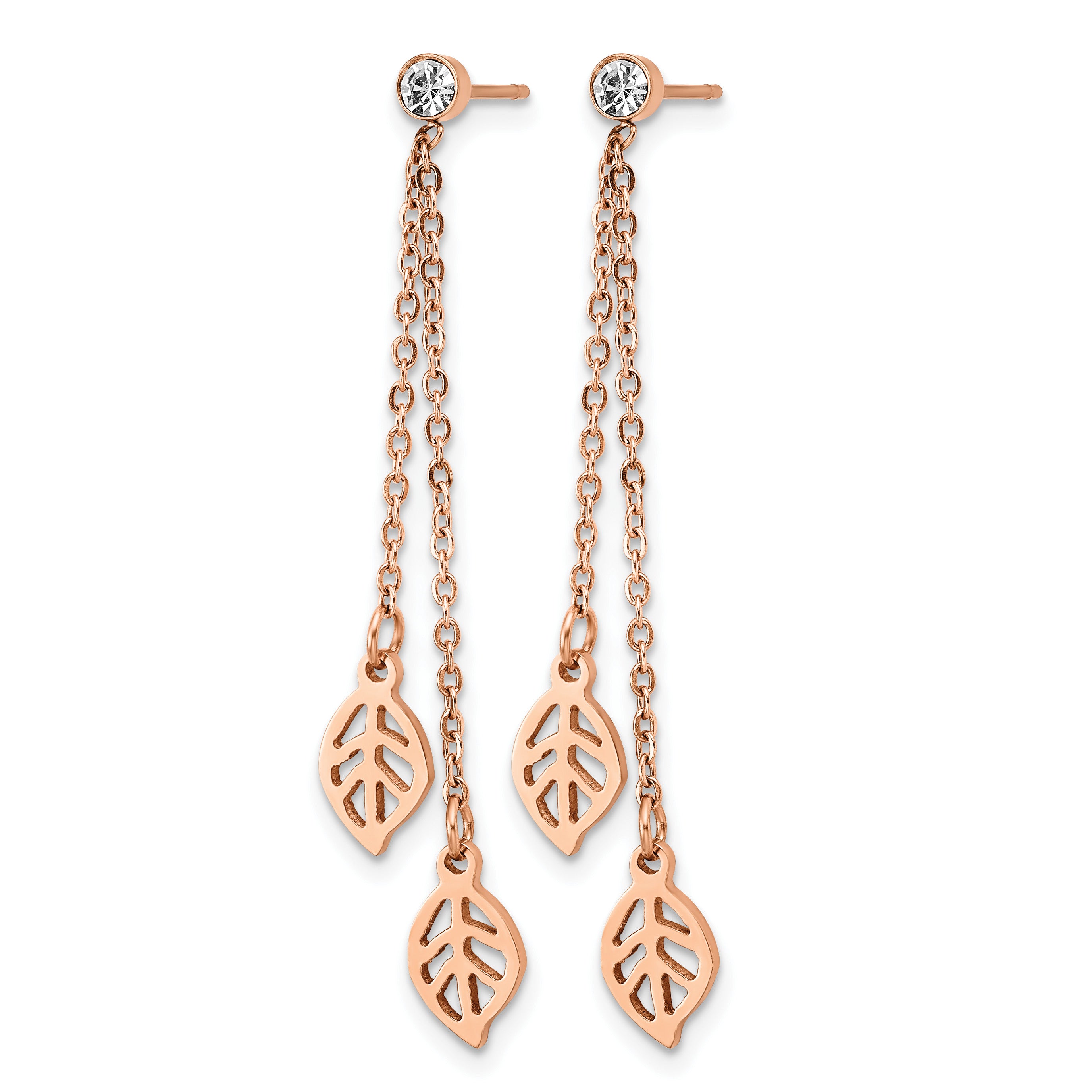 Stainless Steel Rose Gold-Tone Polished Leaf Cubic Zirconia Drop Dangle Earrings for Women
