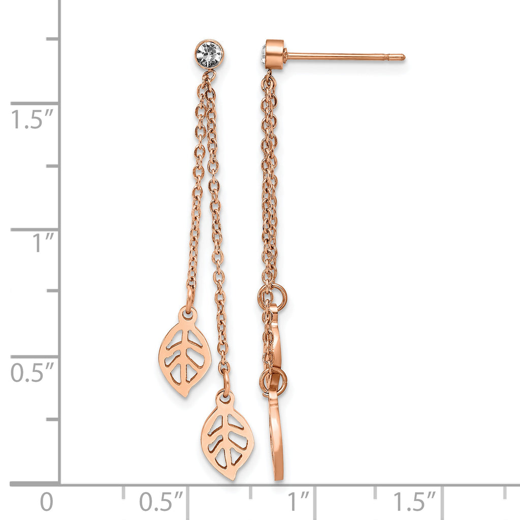 Stainless Steel Rose Gold-Tone Polished Leaf Cubic Zirconia Drop Dangle Earrings for Women