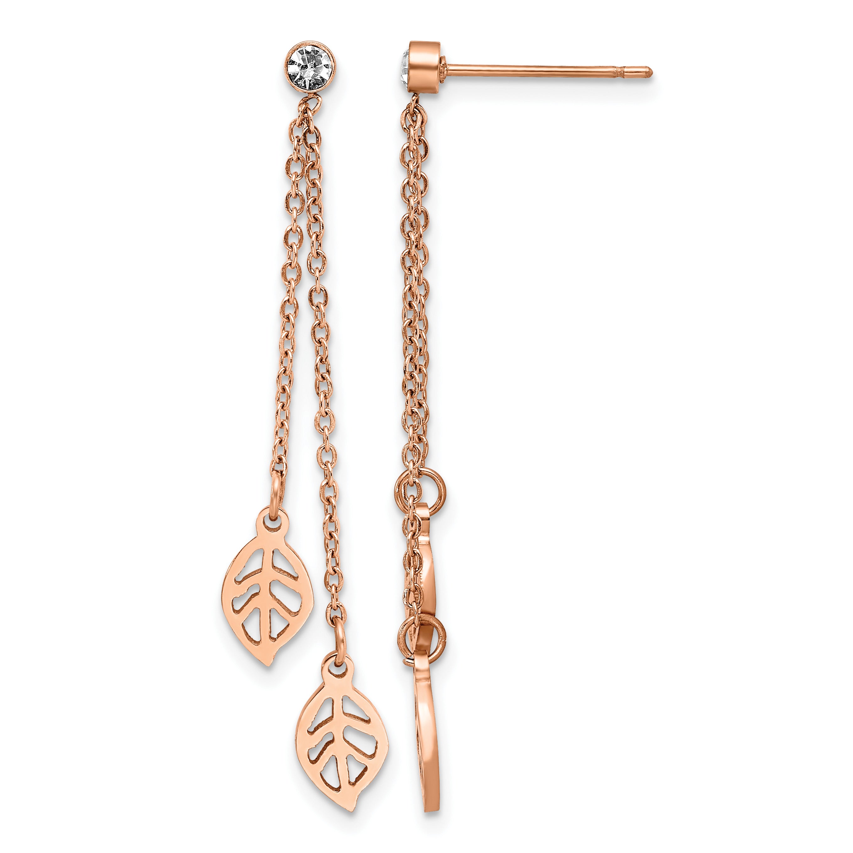 Stainless Steel Rose Gold-Tone Polished Leaf Cubic Zirconia Drop Dangle Earrings for Women