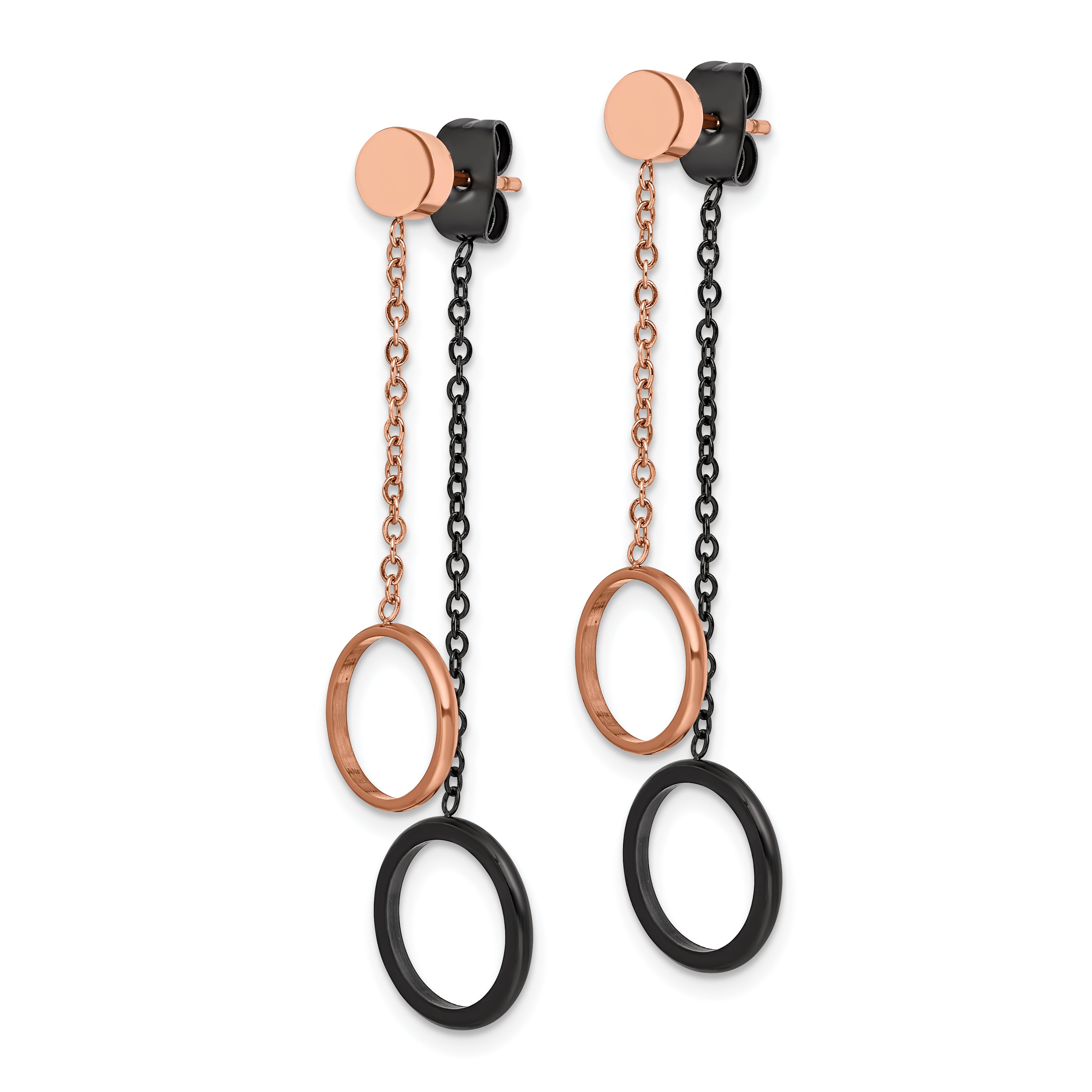 Chisel Stainless Steel Polished Black and Rose IP-plated Front and Back Post Dangle Earrings